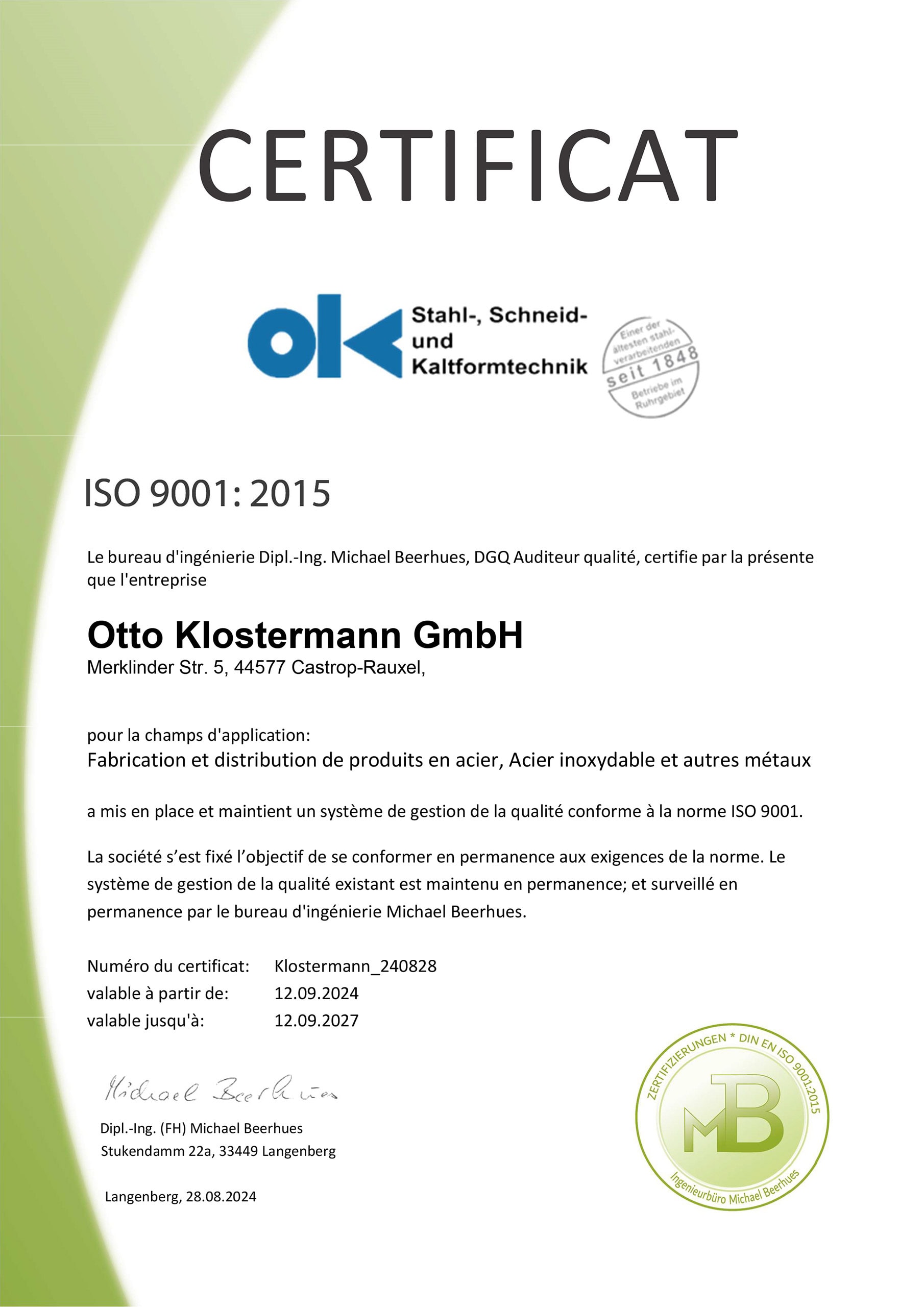 Zertifikat ISO 9001:2015 für Otto Klostermann GmbH mit Auditor Michael Beerhues, Siegel unten rechts.