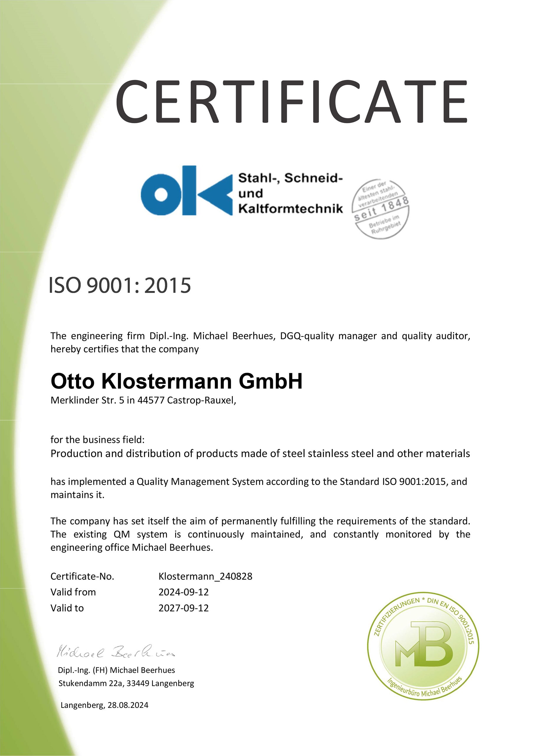 Unternehmenszertifikat der Otto Klostermann GmbH, ISO 9001:2015, mit Unternehmenslogo.