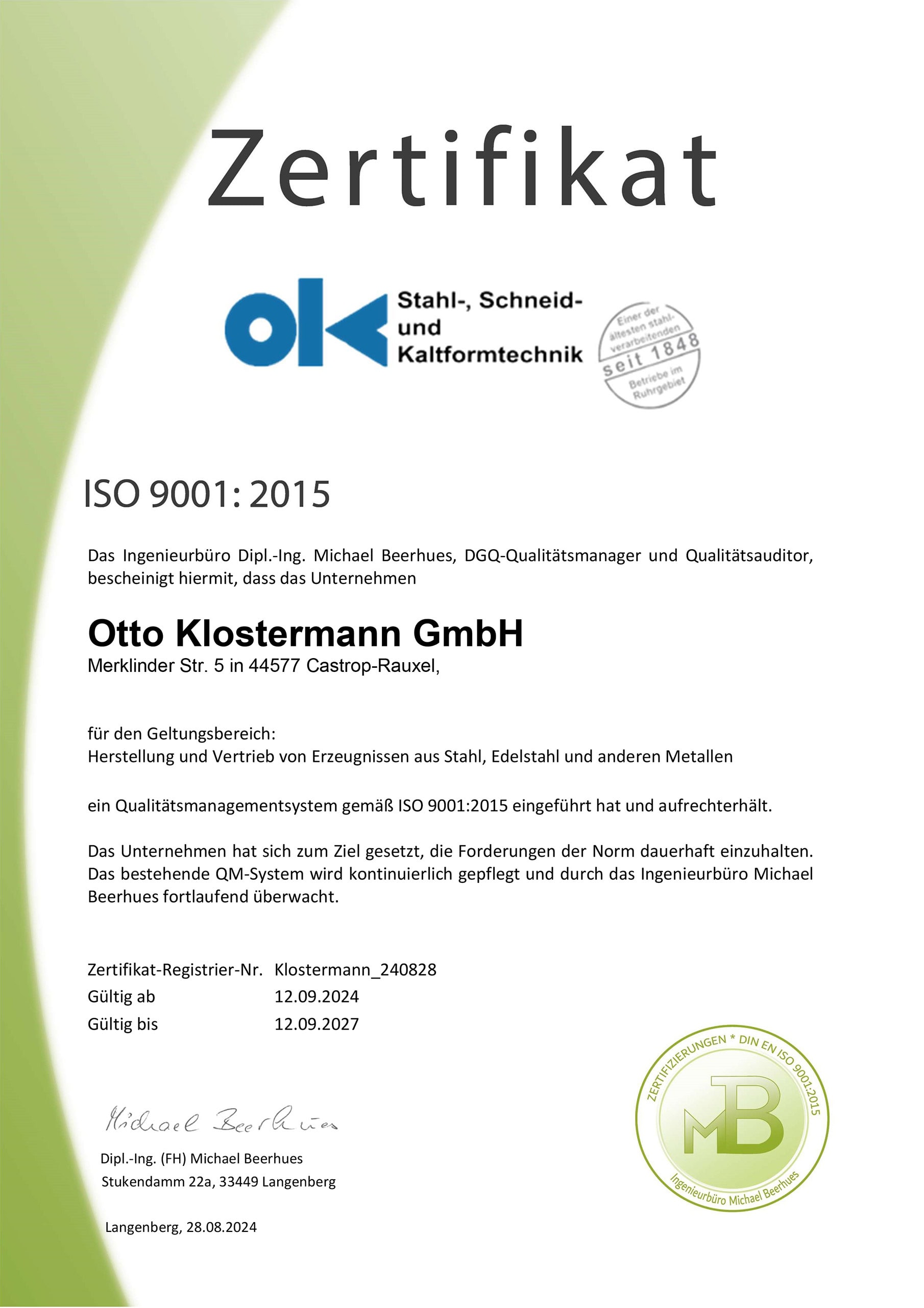 Zertifikat der ISO 9001:2015 für Otto Klostermann GmbH mit blauem und grauem Logo.